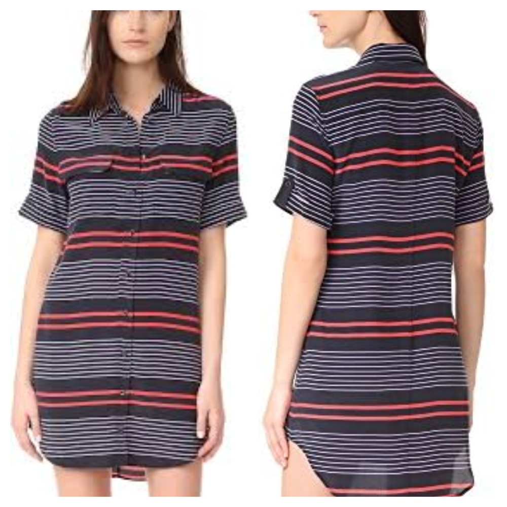 Equipment Femme Womens Blue Red 100% Silk Striped Shirtdress Dress Petite Small